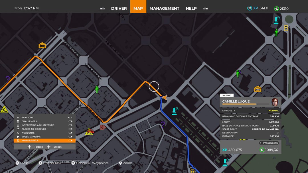 City map overlay showing taxi location and routes